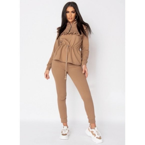 Pants - Brown Long Sleeve High Neck Top and High Waist Joggers Pants Two Piece Set